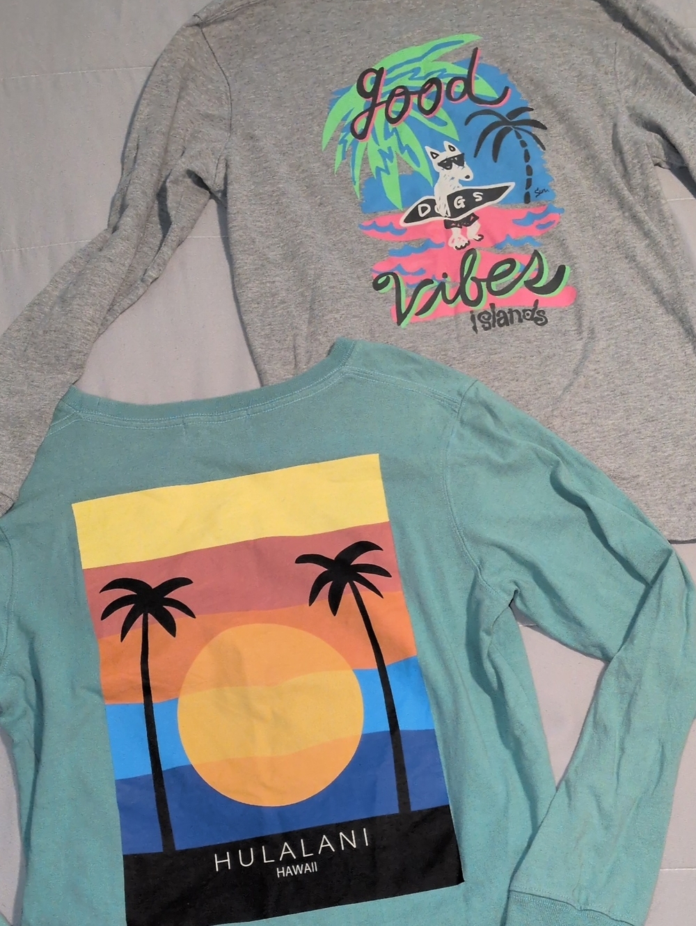 Ladies Long Sleeve Graphic Tops in Light Teal and Heather Gray - Small